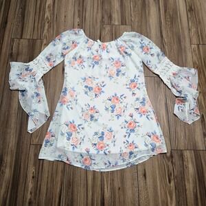Honeyme Floral Bell Sleeve Mini Dress Pink Blue Lace Boho CALIFORNIAC-1994 S